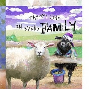 Schafe vor Scheune und Graslandschaft – buntes Farmtiermotiv mit Spruch.