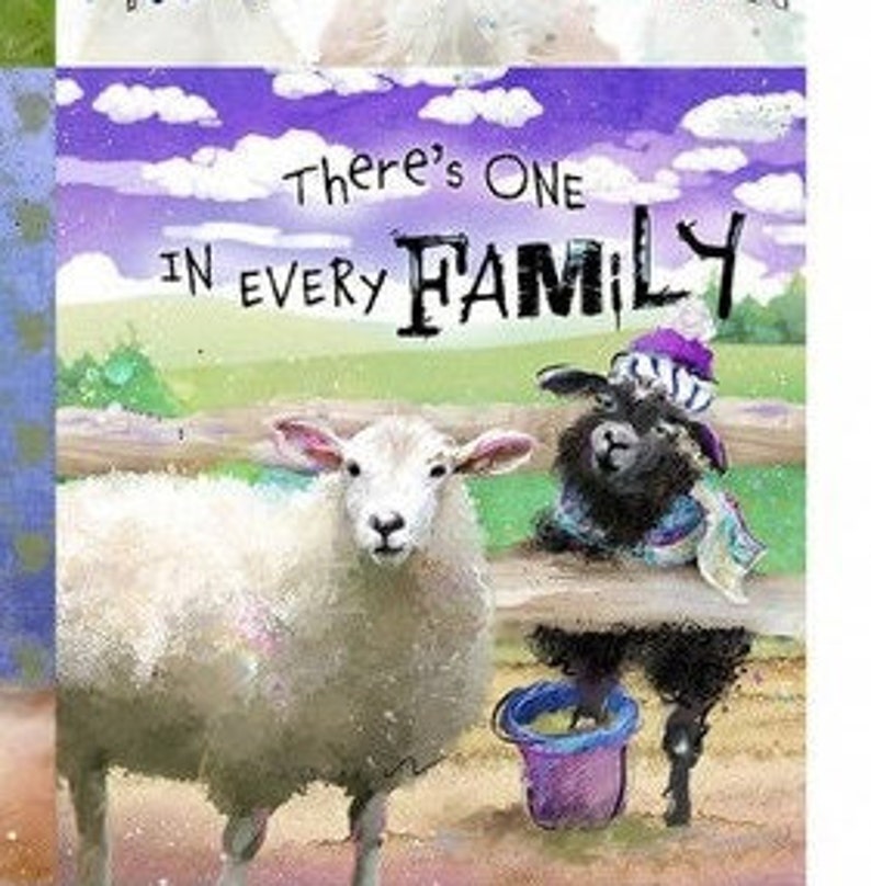 Schafe vor Scheune und Graslandschaft – buntes Farmtiermotiv mit Spruch.