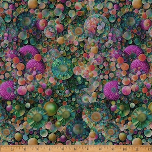 Pode incluir: Um tecido vibrante com um padrão denso de círculos e esferas coloridas sobrepostos. O design incorpora uma variedade de cores, incluindo rosa, verde, laranja e azul, criando um têxtil visualmente complexo e dinâmico. O padrão lembra estruturas celulares microscópicas ou abstratas.