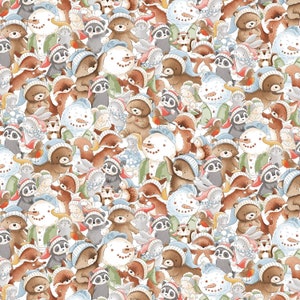 Cotton Snowman Bear Fox, Rabbit, Winter Wonderland, Snow, Fabric, Cotton Fabric, Sewing, Patchwork, 0.50 m