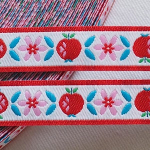 1 m woven ribbon apples, white, red, pink, 12 mm wide