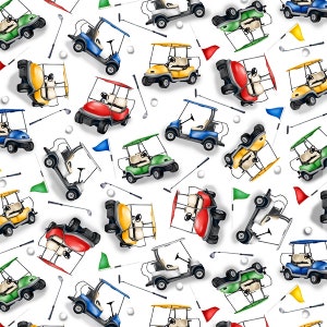 Baumwollstoff GOLFEN  Golf Cart, Golfcar, Golfwagen, Golfcaddy, Golfschläger, Schönes Spiel, Golfbälle, nähen, Baumwolle, Stoff, 0,44m