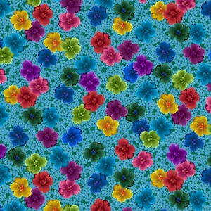 Può includere: Uno schema senza cuciture con fiori colorati su uno sfondo blu-verde. I fiori sono in varie tonalità di rosso, arancione, giallo, verde, blu, viola e rosa.