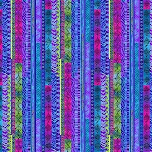 Könnte beinhalten: Ein nahtloses Muster mit vertikalen Streifen aus verschiedenen geometrischen Designs in Blautönen, Lila, Rosa und Grün.
