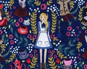 0.67 m cotton fabric Alice in Wonderland Metallic, WONDERLAND, Cheshire Cat, Cotton and Steel, playing card house, rabbit, fabric