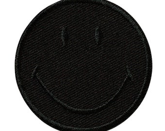 Black smiley face iron-on patch, iron-on for jacket or bag, Mono Quick