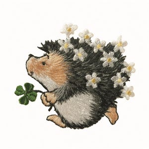Op de afbeelding: Een geborduurde patch met een egel met bruine vacht op het gezicht en de pootjes, en donkergrijze stekels versierd met witte bloemen met gele harten. De egel houdt een groen klavertjevier vast in zijn voorpoot en kijkt naar links.