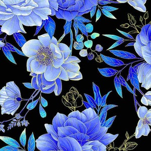May include: A seamless pattern featuring blue and gold floral illustrations on a black background. The flowers are stylised and have a delicate, intricate design. The pattern is perfect for adding a touch of elegance to any project.