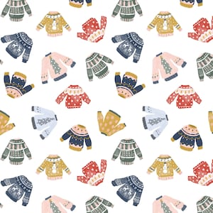 Könnte beinhalten: Ein nahtloses Muster mit verschiedenen bunten Strickpullovern mit unterschiedlichen Designs, darunter Schneeflocken, Rentiere und Weihnachtsbäume. Die Pullover befinden sich auf einem weißen Hintergrund.