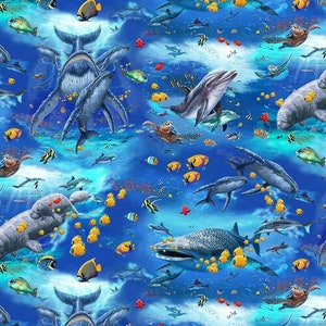 Könnte beinhalten: Eine lebendige Unterwasser-Szene mit einer Vielzahl von bunten Fischen, Meeresschildkröten und Meeressäugetieren. Der blaue Hintergrund ist mit Blasen und einer Vielzahl von Meereslebewesen gefüllt, darunter ein Walhai, Delfine und ein Seekuh.