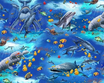 Cotton dolphins life in the reef whales fish, turtles, manatees, orcas, bottlenose dolphins, maritime, sewing, fabric 0.50 m