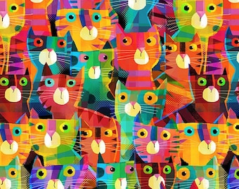 Baumwolle KATZEN Katzenstoff nähen, Catsville, Windham Studio, Patchworkstoff, Stoff, 0,50m, Regenbogenfarben