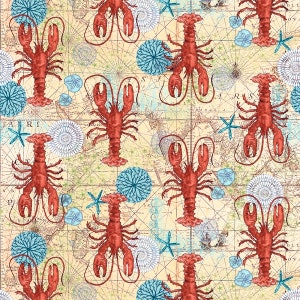 Coton homard étoiles de mer coraux, carte du monde, monde, océan, coquillages, maritime, couture, tissu coton, tissu, 0,50 m