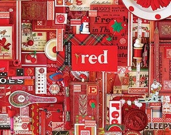 Baumwolle Collage Rot, Garn, Schrift, Sukkulenten, Frösche, Kakteen, Porzellan, Patchworkstoff, nähen, Stoff, 0,50m