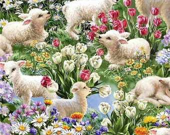 Coton agneaux tulipes brebis Aue Zibbe, jeune mouton, agneau, fleurs, marguerites, achillée millefeuille, couture, tissu, 0,50 m