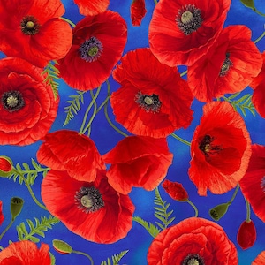 Cotton poppy flowers ROYAL sewing, corn poppies, poppy capsules, leaves, flowers, poppys, cotton fabric, patchwork fabric, fabric, 0.50 m