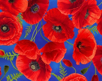 Cotton poppy flowers ROYAL sewing, corn poppies, poppy capsules, leaves, flowers, poppys, cotton fabric, patchwork fabric, fabric, 0.50 m