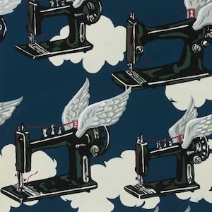 Cotton sewing machines, FLYING MACHINES, wings, clouds, dark blue, fabric, sew, 0.50 m