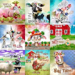 Nahaufnahme des FUNNY ANIMALS Panels mit mehreren kleinen Tiermotiven und humorvollen Sprüchen auf farbigem Hintergrund.