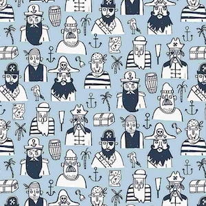 Baumwollstoff Piraten – Figuren, Schiffe & Anker im maritimen Look für Nähen, Patchwork, Kinderzimmer, Taschen und DIY 0,50 m