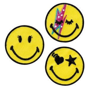 Patches 3 Smiley, Smiley© Rock, ROCK N ROLL, Heart, Star, Lightning Bolt, Emoji, Patch, Iron-on Transfer, Patch