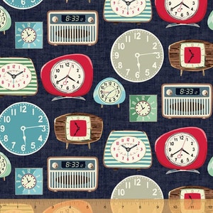 Cotton Wall Clock Wake Up RETRO Clock Grandfather Wall Clock Alarm Clock Time Radio Analogue Digital Print Sewing Patchwork Fabric 0.50m