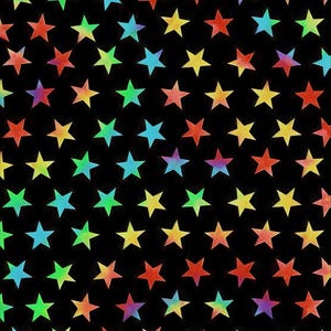 Peut inclure: Un tissu noir présentant un motif répétitif d'étoiles à cinq branches dans un dégradé arc-en-ciel vibrant. Chaque étoile passe par diverses couleurs, notamment le rouge, l'orange, le jaune, le vert, le bleu et le violet, créant un contraste coloré sur le fond sombre.