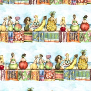 FRUIT LADIES 4 COMPLETE rows, fruits, women, ladies, fruit, strawberries, cherries, picnic, beach, tattoo, chat, cotton fabric, fabric