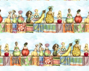 Cotton FRUIT LADIES 4 COMPLETE rows, fruits, women, ladies, fruit, strawberries, picnic, beach, tattoo, sewing, patchwork fabric, fabric