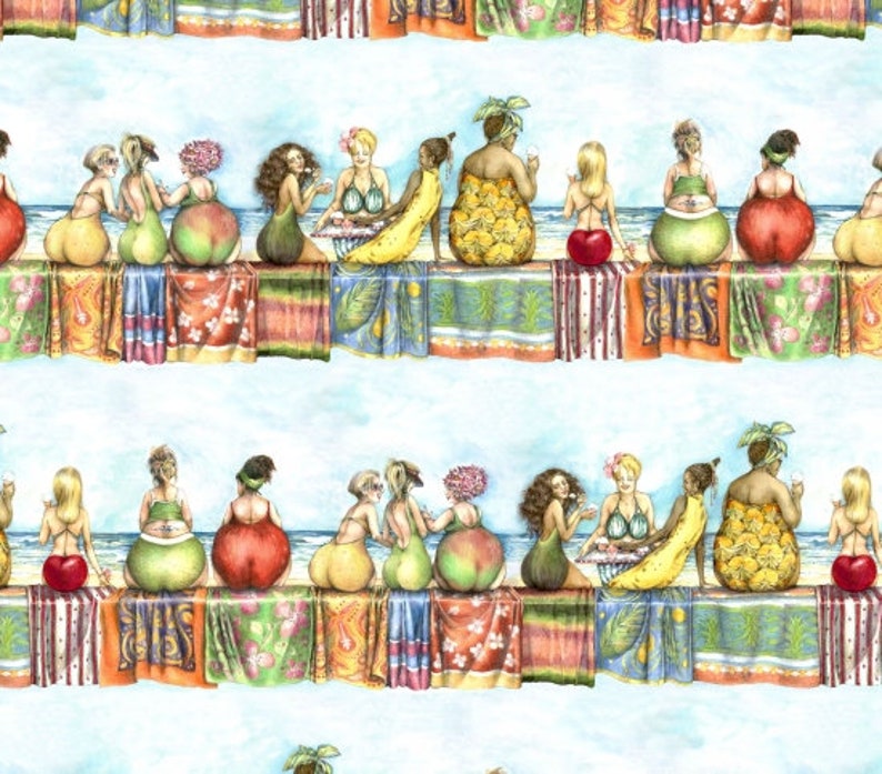 FRUIT LADIES 4 COMPLETE rows, fruits, women, ladies, fruit, strawberries, cherries, picnic, beach, tattoo, chat, cotton fabric, fabric image 1