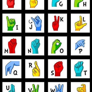 May include: A chart showing the British Sign Language alphabet, with each letter represented by a colorful hand gesture. The letters A to Z are shown, each in a separate square, with a black background.
