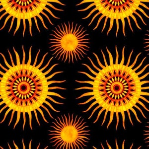 Könnte beinhalten: Ein nahtloses Muster mit stilisierten Sonnen in Orange- und Gelbtönen auf schwarzem Hintergrund. Die Sonnen haben ein mandalaartiges Design in der Mitte.