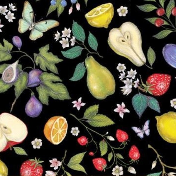 Cotton fruit figs strawberries pears, apple, leaves, JUST FRUIT, butterfly, bee, sewing, patchwork fabric, fabric, 0.50 m