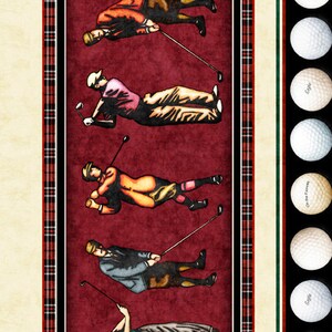 Pode incluir: Um tecido xadrez vermelho e branco com um padrão repetido de golfistas em várias poses balançando tacos de golfe. O tecido é ladeado por uma fileira de bolas de golf brancas com letras pretas.