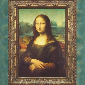 May include: A framed reproduction of the Mona Lisa painting. The painting features a woman with a soft smile, wearing a dark green dress and a light brown shawl. The background is a landscape with a river and mountains.