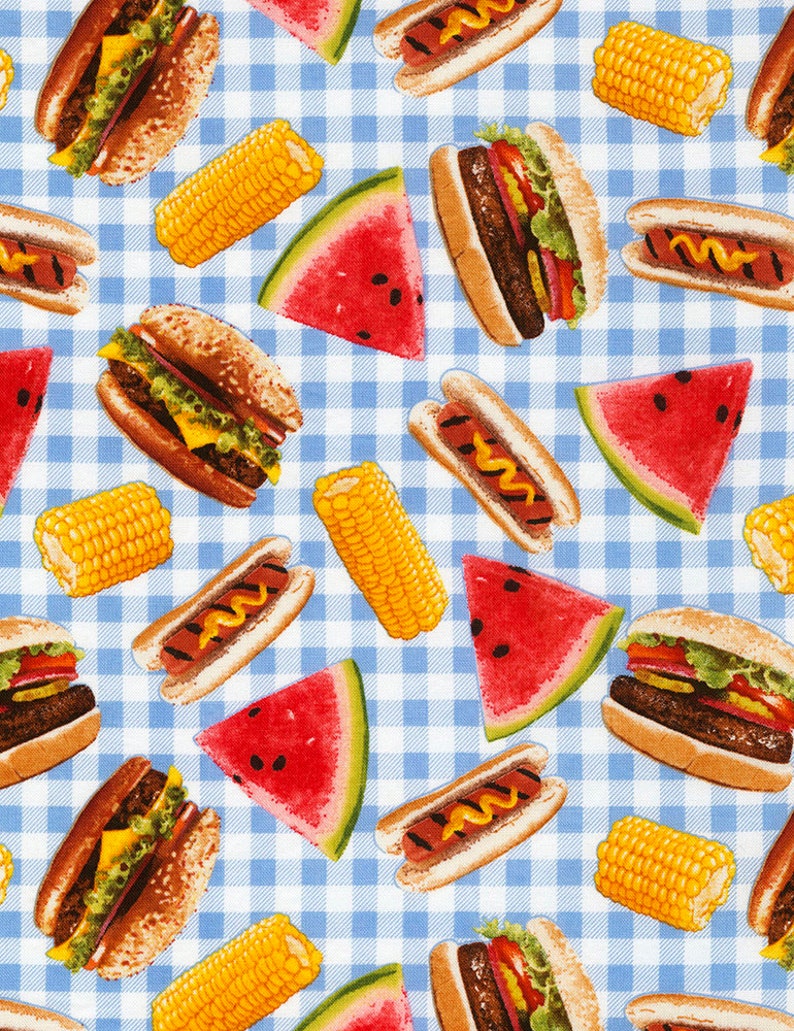 Baumwollstoff Hot Dog Burger nähen, Mais, Melone, Bbq, Karo, Baumwolle, Patchworkstoff, Stoff, 0,50m Bild 1