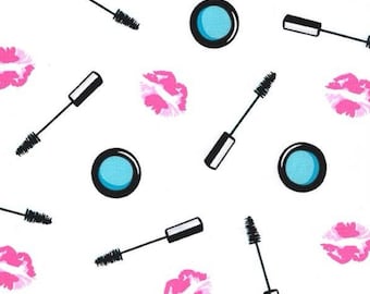 Katoenen stof voor make-up – roze lippen, mascara, oogschaduw, kusbare lippen, beautystof voor naaien, tassen, cosmetica, patchworkstof 0,50 m