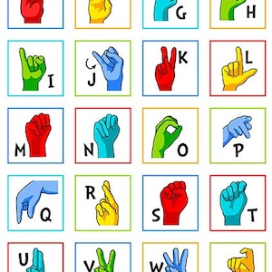 Puede incluir: Un gráfico colorido que muestra el alfabeto del lenguaje de señas americano. Cada letra está representada por un gesto de la mano con un color diferente. Las letras están dispuestas en una cuadrícula de 6 filas y 4 columnas.