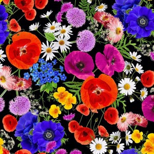 Tecido de algodão com estampa floral campestre sobre fundo preto, com flores silvestres coloridas, papoulas e anêmonas, ideal para bolsas, almofadas e patchwork. Timeless Treasures, 0,5 m.