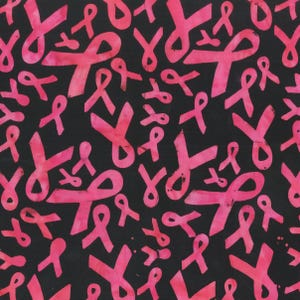 May include: A black background with a repeating pattern of pink ribbon shapes. The ribbons are stylised and abstract, with some resembling the traditional awareness ribbon.