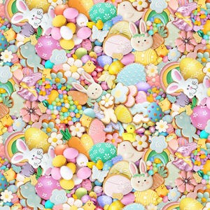 Può includere: Un assortimento colorato di biscotti e caramelle a tema pasquale. I biscotti sono decorati con colori pastello, forme di coniglietti e motivi floreali. Le caramelle sono un mix di cioccolato, caramelle gommose e codette.