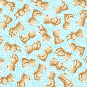 Peut inclure: Un motif sans couture représentant des ours en peluche marrons dans différentes poses sur un fond bleu clair avec des pois blancs.