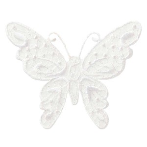 May include: White lace butterfly applique. This delicate butterfly design is perfect for adding a touch of elegance to crafts, clothing, and home decor.