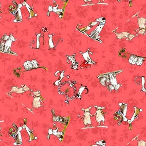 Könnte beinhalten: Ein rosa Hintergrund mit einem sich wiederholenden Muster aus verschiedenen Tieren in Liebe. Zu den Tieren gehören Kaninchen, Katzen, Hunde, Mäuse und Schweine. Die Tiere halten alle Blumen oder Herzen und schauen sich an.