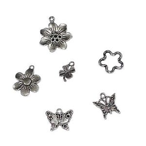 6 Schmuckanhänger Blumen u. Schmetterlinge, Charms, Anhänger, Schmuck, Charmes, Tibet, Perlen, Glücksklee, Nähzutaten, Nähzubehör, Deko