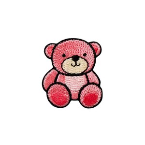 May include: Pink embroidered teddy bear patch with black outline. The bear is sitting with its paws in front of it.