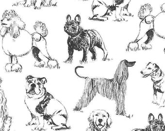 Cotton fabric dogs puppies dog breeds pedigree dog mixed breed dog fabric puppy dogs sketches black and white sewing fabric 0.50 m