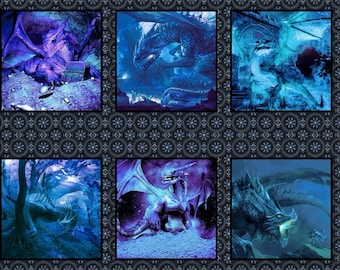 Cotton fabric dragon panel, fantasy, digital print, blue, patchwork fabric, sewing, 0.90 m