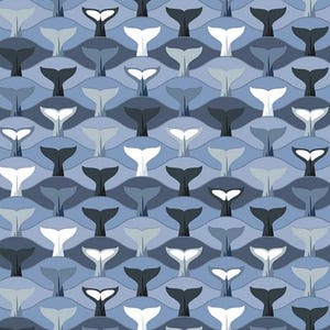 May include: A repeating pattern of whale tails in shades of blue, grey, and white. The design features stylized whale tails against a wavy background, creating a textured, ocean-themed aesthetic. The pattern is suitable for fabric or wallpaper.