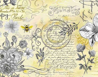 Algodón, abejas, girasoles, trébol, amapola, letras, sello, tiempo, flores, abejas, lavanda, costura, tela, tela patchwork, 0,50 m